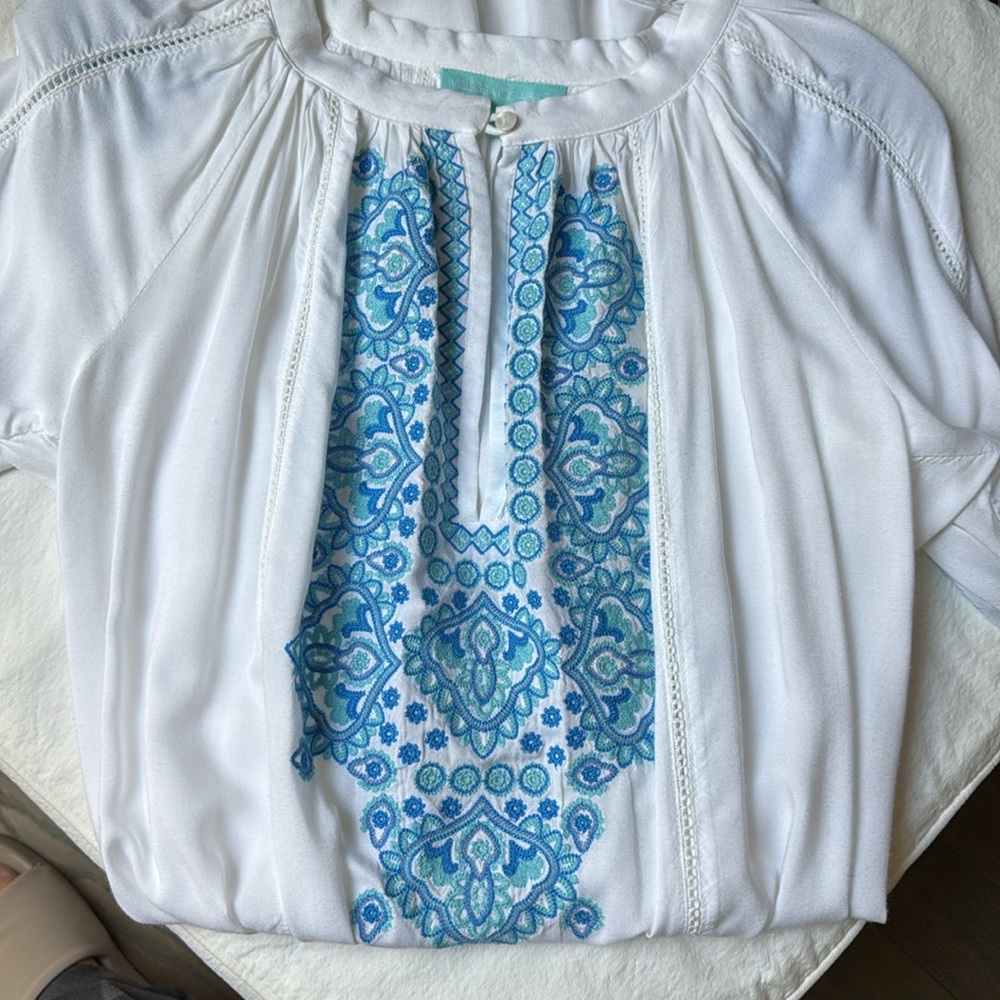 🌊 Melissa Odabash White & Teal Embroidered Beach Dress / Cover-Up 🌊 - Picture 2 of 5